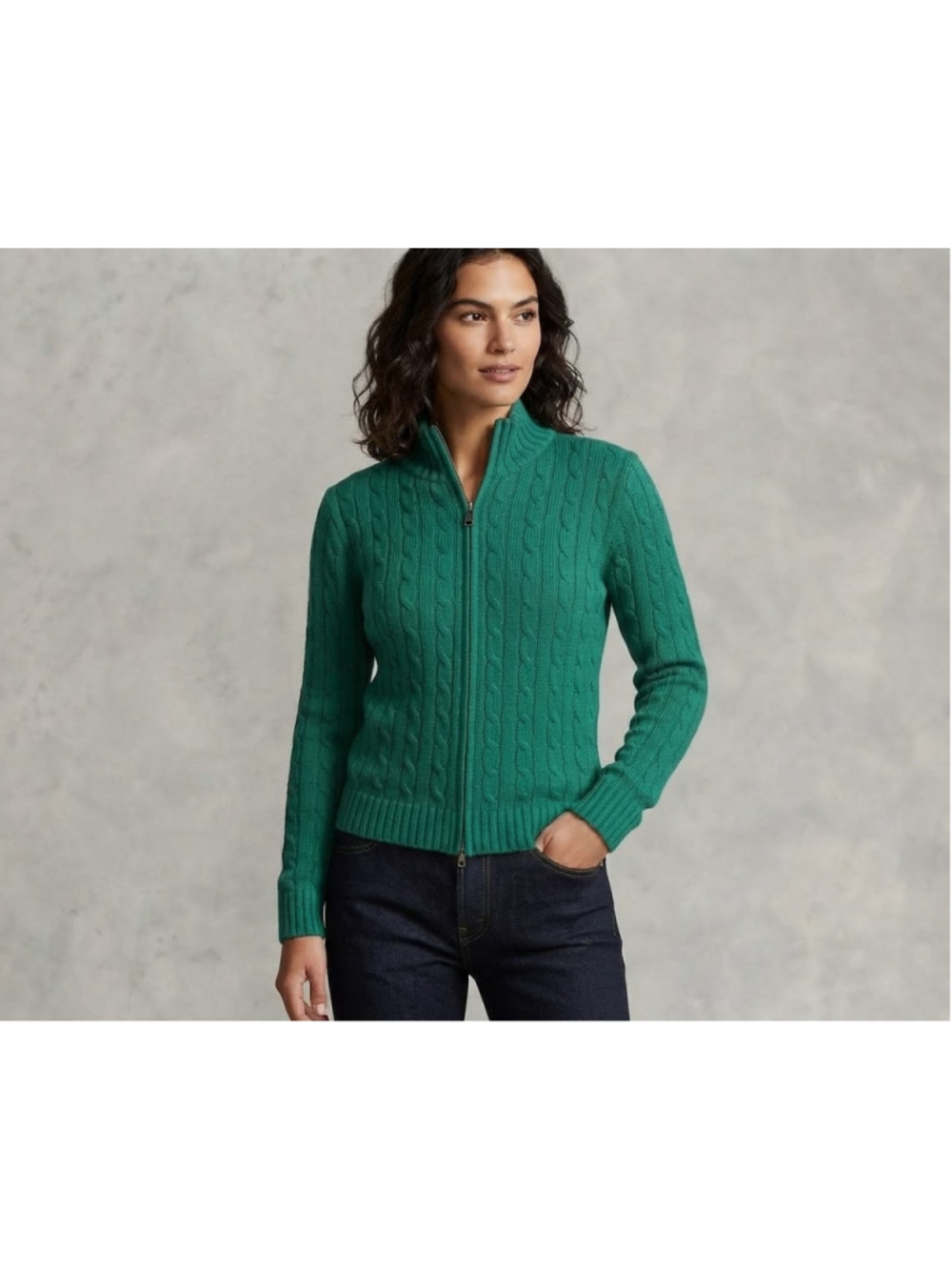 LL Bean Double L Cable Knit Full Zip Kelly Green Sweater Sz XL GUC Classic Prep